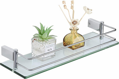 SAYAYO Bathroom Shelf Tempered Glass Shelf with Rail Wall Mounted Stainless Steel Chromed/ Black/ Brushed Finished, 40cm, 50cm, 60cm (16inch - 24inch)