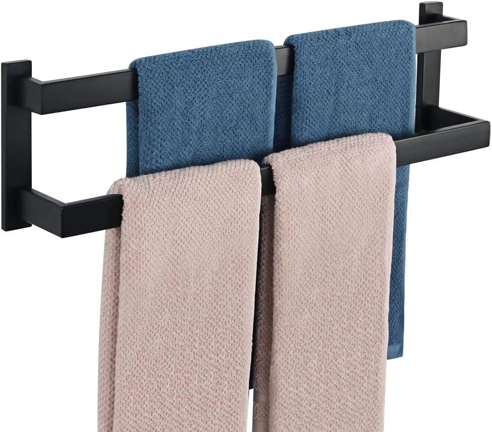 Sayayo Black Towel Rail Wall Mounted Double Bath Towel Holder for Bathroom Kitchen, 2-Tier Towels Rack SUS304 Stainless Steel, 16 INCH, 20 INCH, 24 INCH, 28 INCH