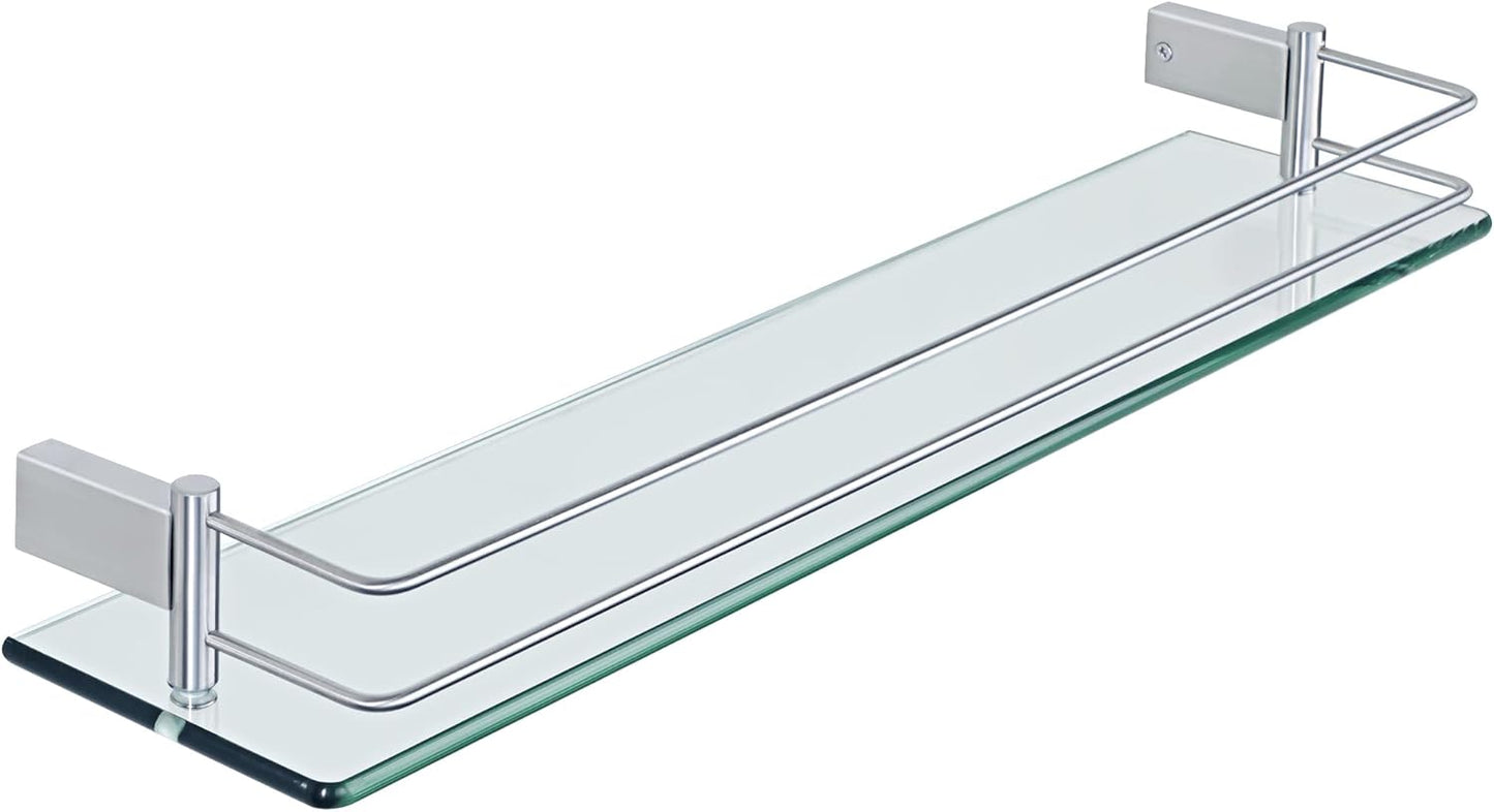 SAYAYO Bathroom Shelf Tempered Glass Shelf with Rail Wall Mounted Stainless Steel Chromed/ Black/ Brushed Finished, 40cm, 50cm, 60cm (16inch - 24inch)