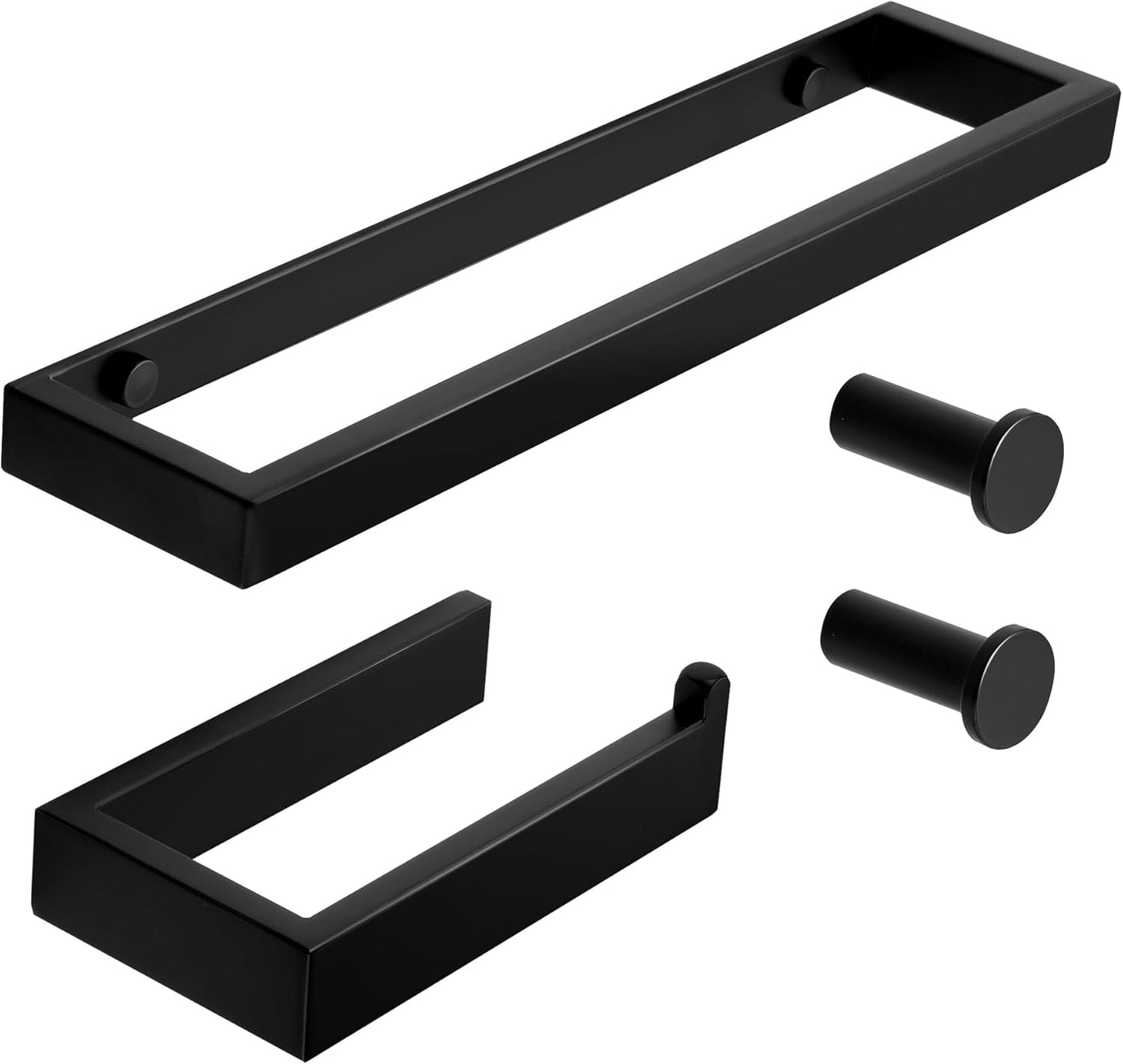 SAYAYO 4-Piece Black Bathroom Accessory Set 6 Inch/ 15 CM Toilet Roll Holder Wall Mounted, 8 Inch/ 12 Inch, 20CM/ 30CM Towel Rail Hand Towel Holder and 2Pcs Coat Hooks for Hanging, SUS304 Stainless Steel