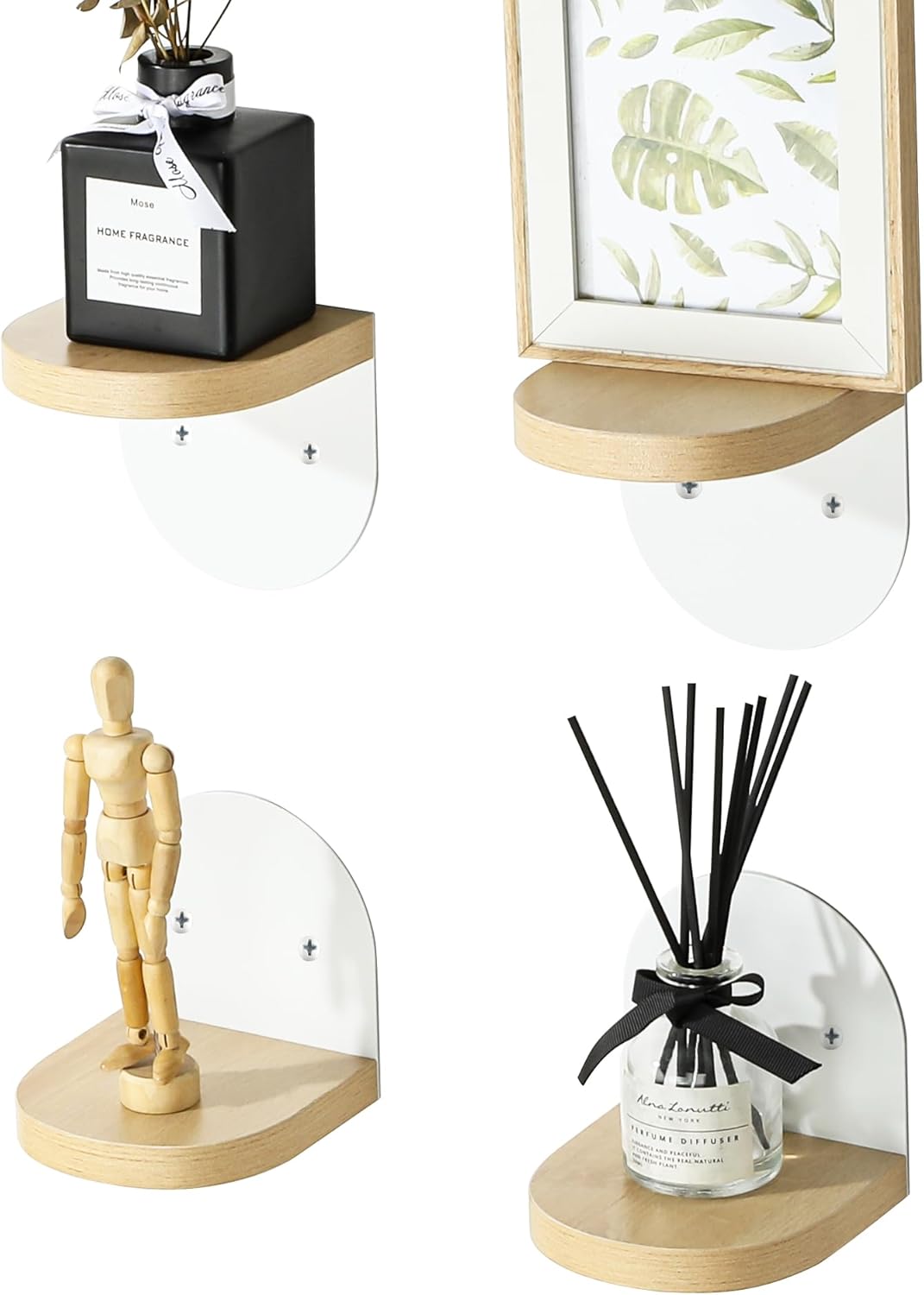 SAYAYO Small Floating Shelves for Wall Set of 4, Round Wooden Wall Shelves with White/ Black Sticky Metal Brackets for Small Objects, Rustic Decor for Bedroom, Living Room, Screw in/ Self Adhesive, 10x10cm