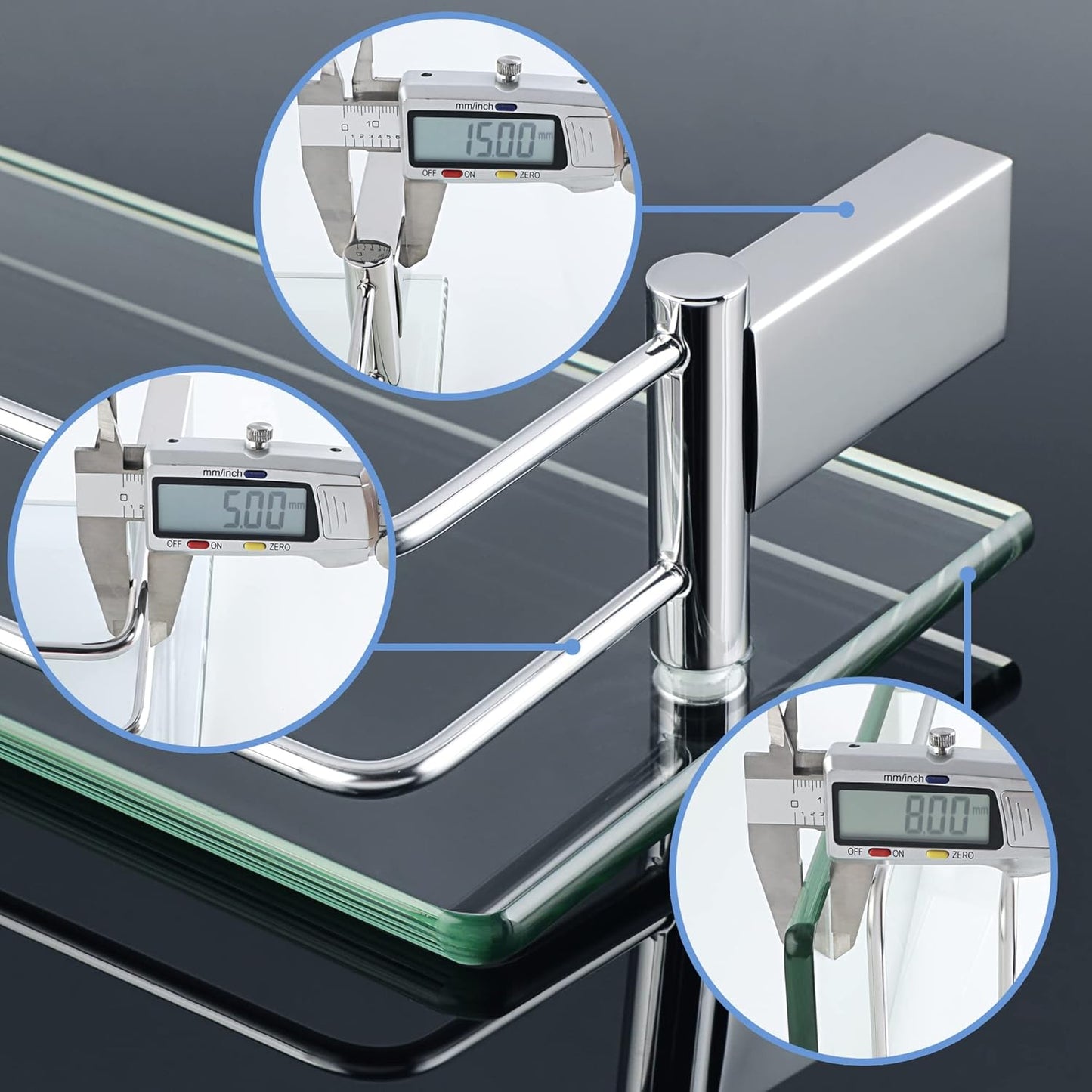 SAYAYO Bathroom Shelf Tempered Glass Shelf with Rail Wall Mounted Stainless Steel Chromed/ Black/ Brushed Finished, 40cm, 50cm, 60cm (16inch - 24inch)