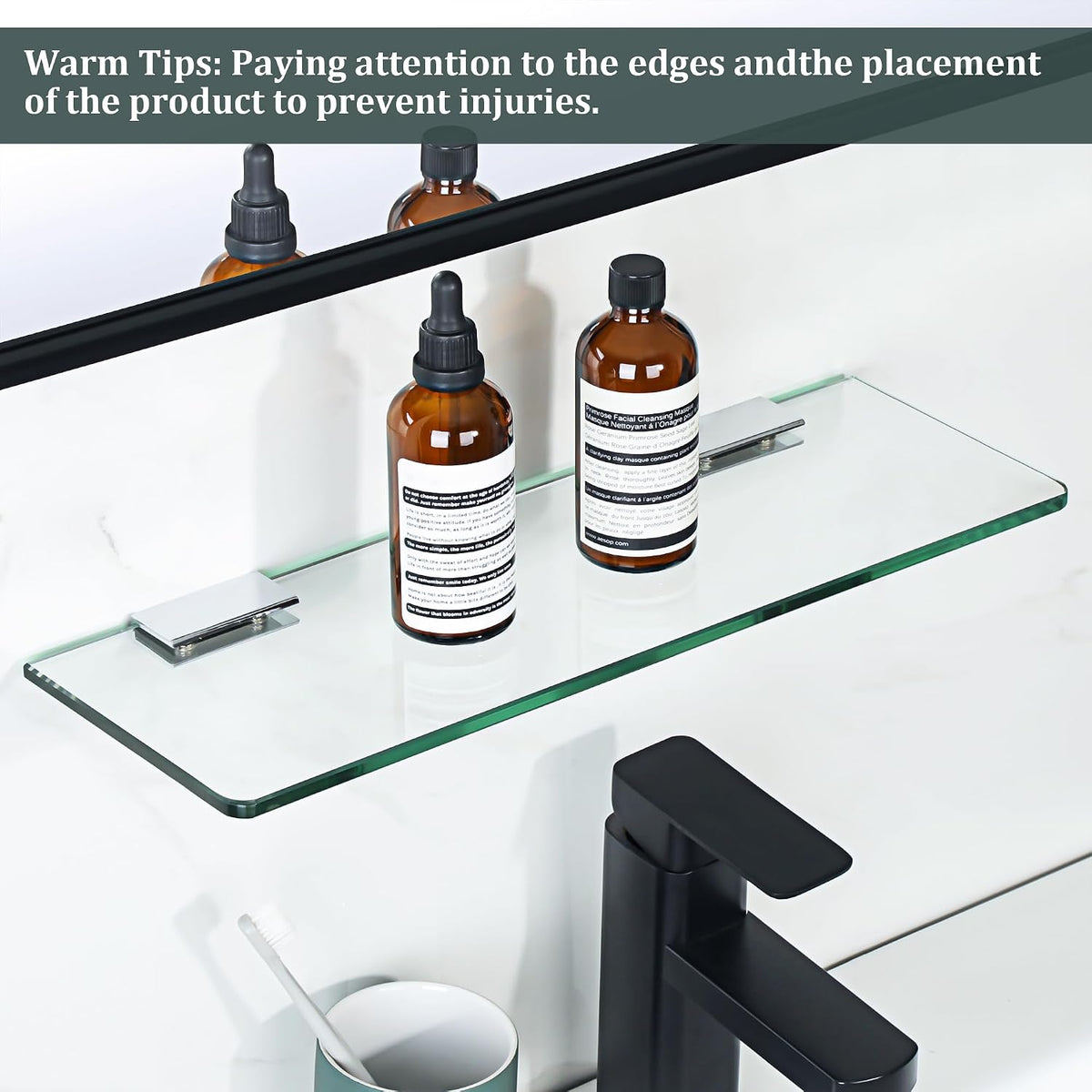 SAYAYO Bathroom Glass Shelf Wall Mounted 7MM/ 8MM Tempered Transparent Glass with Chromed Stainless Steel Shelf Brackets Supports 38CM/ 60CM Length