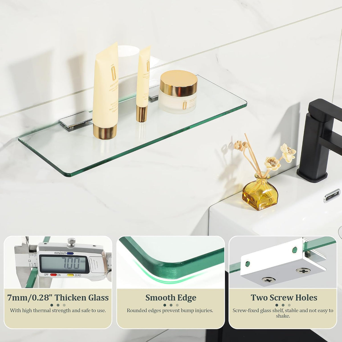 SAYAYO Bathroom Glass Shelf Wall Mounted 7MM/ 8MM Tempered Transparent Glass with Chromed Stainless Steel Shelf Brackets Supports 38CM/ 60CM Length
