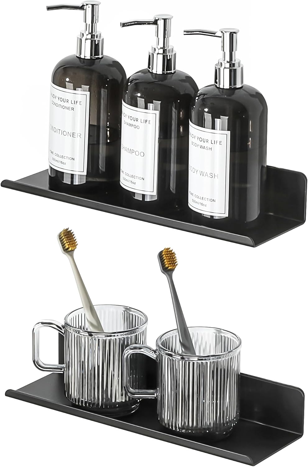 SAYAYO Floating Shelves Self Adhesive, Stick on Wall Display Storage Shelf for Bedroom, Bathroom, Kitchen, Living Room, Office, No Drilling, Set of 2, White/ Black, 20CM - 40CM