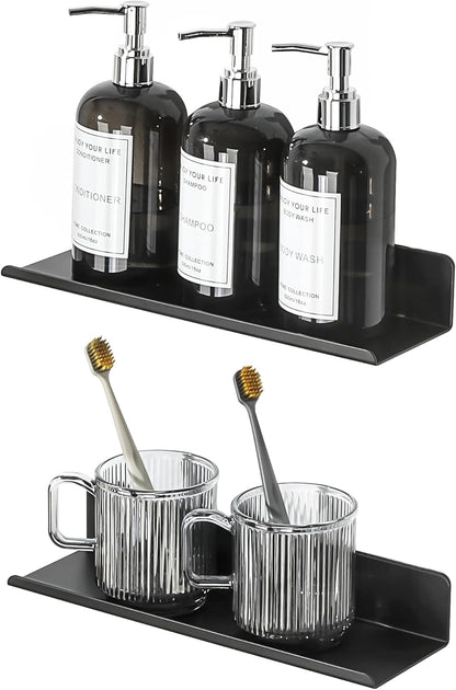 SAYAYO Floating Shelves Self Adhesive, Stick on Wall Display Storage Shelf for Bedroom, Bathroom, Kitchen, Living Room, Office, No Drilling, Set of 2, White/ Black, 20CM - 40CM