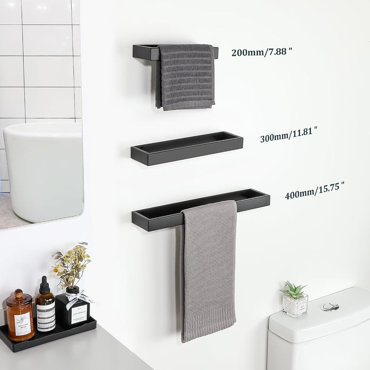 SAYAYO Hand Towel Holder Wall Mounted Black Towel Rail Self Adhesive or Screw Fixing Towel Ring for Bathroom Kitchen, SUS304 Stainless Steel Waterproof & Rustproof 20CM - 70CM