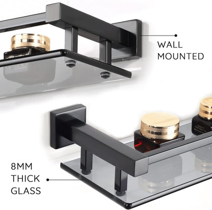 SAYAYO Bathroom Shelf Tempered Glass Shelf with Square Rail Wall Mounted, Stainless Steel Chromed/ Black Finished, 16 Inch, 20 Inch, 24 Inch (40cm, 50cm, 60cm)