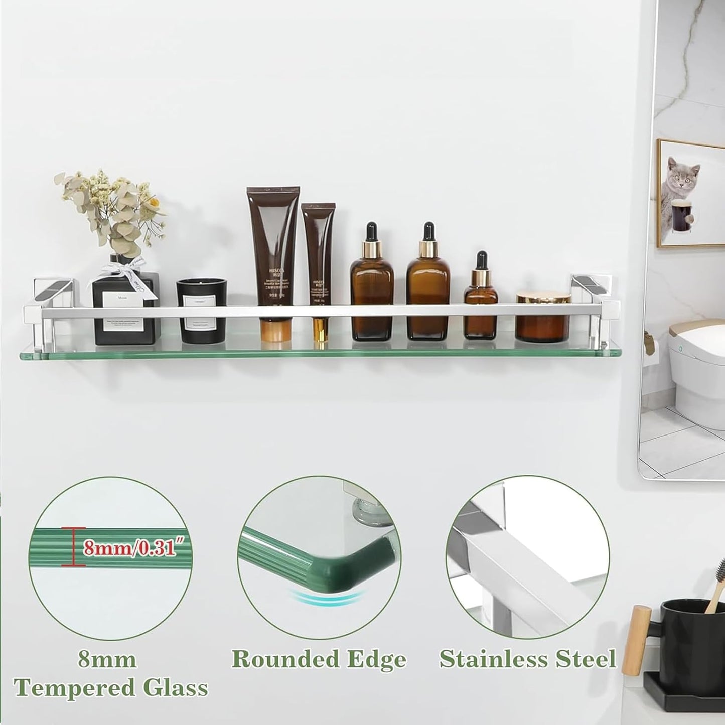 SAYAYO Bathroom Shelf Tempered Glass Shelf with Square Rail Wall Mounted, Stainless Steel Chromed/ Black Finished, 16 Inch, 20 Inch, 24 Inch (40cm, 50cm, 60cm)