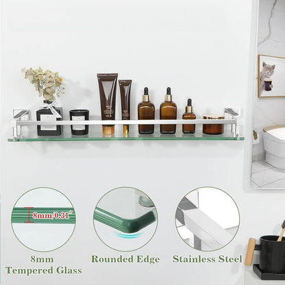 SAYAYO Bathroom Shelf Tempered Glass Shelf with Square Rail Wall Mounted, Stainless Steel Chromed/ Black Finished, 16 Inch, 20 Inch, 24 Inch (40cm, 50cm, 60cm)
