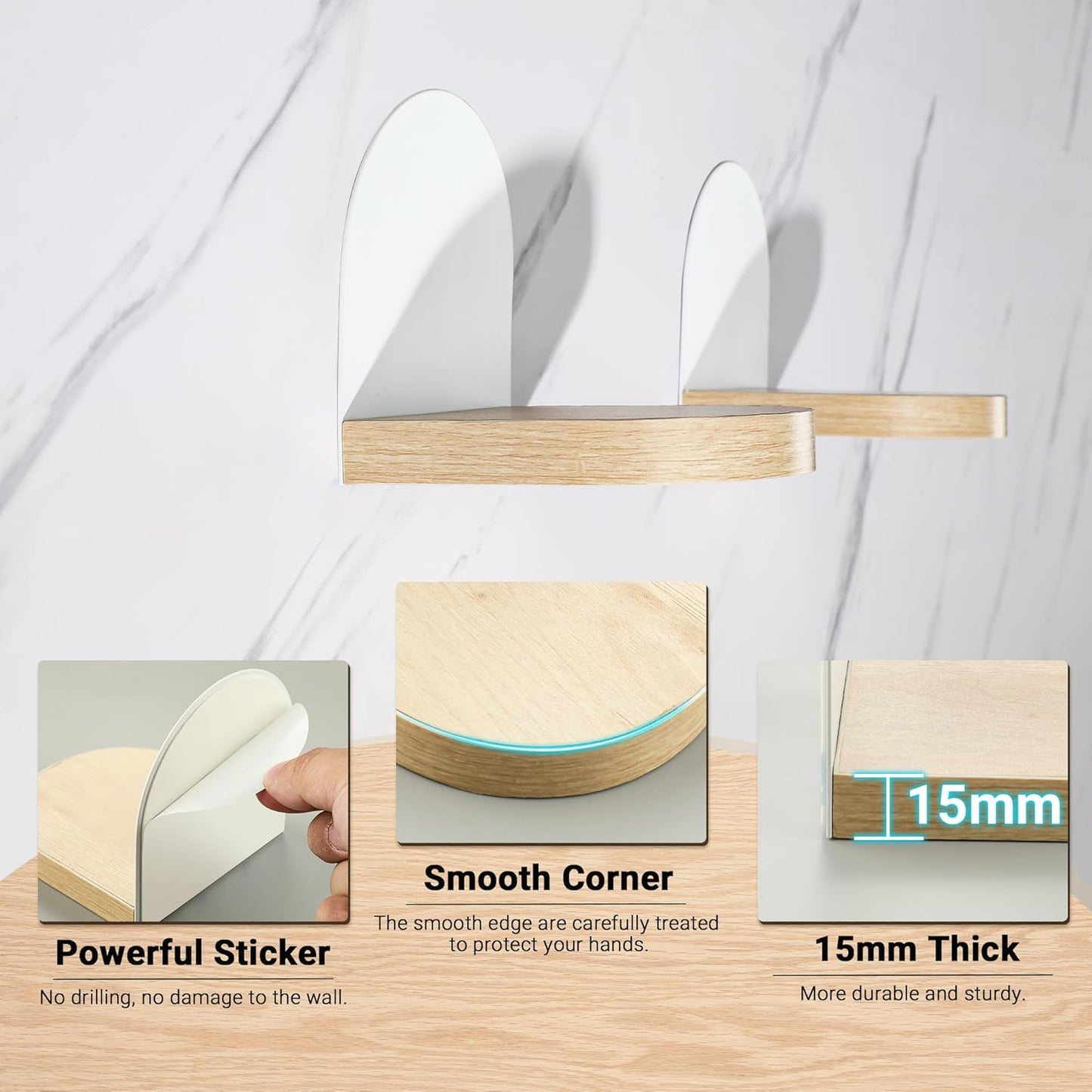 SAYAYO Small Floating Shelves for Wall Set of 4, Round Wooden Wall Shelves with White/ Black Sticky Metal Brackets for Small Objects, Rustic Decor for Bedroom, Living Room, Screw in/ Self Adhesive, 10x10cm