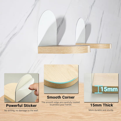 SAYAYO Small Floating Shelves for Wall Set of 4, Round Wooden Wall Shelves with White/ Black Sticky Metal Brackets for Small Objects, Rustic Decor for Bedroom, Living Room, Screw in/ Self Adhesive, 10x10cm