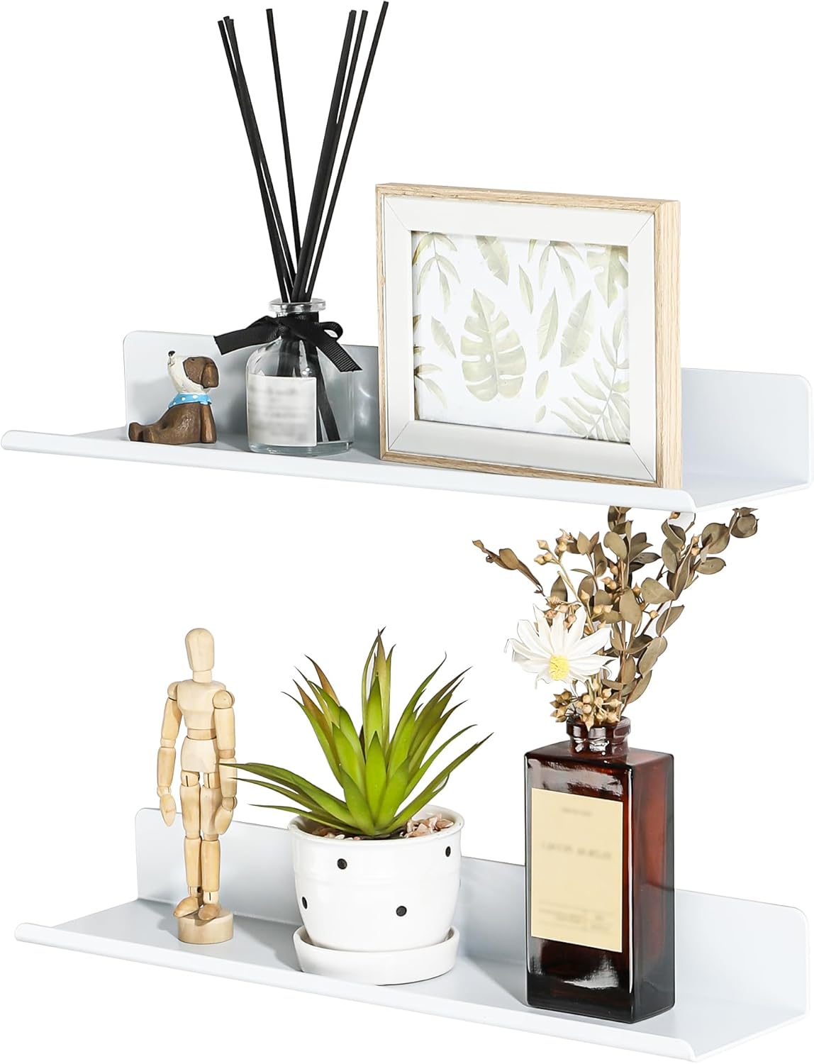 SAYAYO Floating Shelves Self Adhesive, Stick on Wall Display Storage Shelf for Bedroom, Bathroom, Kitchen, Living Room, Office, No Drilling, Set of 2, White/ Black, 20CM - 40CM