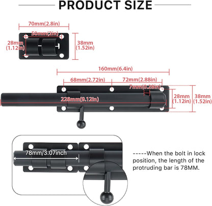 Sayayo Slide Gate Latch Bolt Safety Door Lock with Padlock Hole 150MM Length, 16MM Dia Bar, Heavy Duty Solid SUS304 Stainless Steel Matte Black(Not Include Padlock), 150MM, 180MM, 230MM