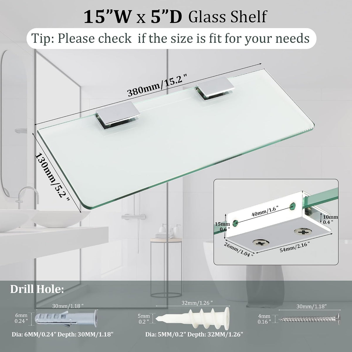 SAYAYO Bathroom Glass Shelf Wall Mounted 7MM/ 8MM Tempered Transparent Glass with Chromed Stainless Steel Shelf Brackets Supports 38CM/ 60CM Length