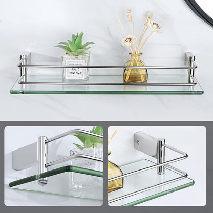 SAYAYO Bathroom Shelf Tempered Glass Shelf with Rail Wall Mounted Stainless Steel Chromed/ Black/ Brushed Finished, 40cm, 50cm, 60cm (16inch - 24inch)