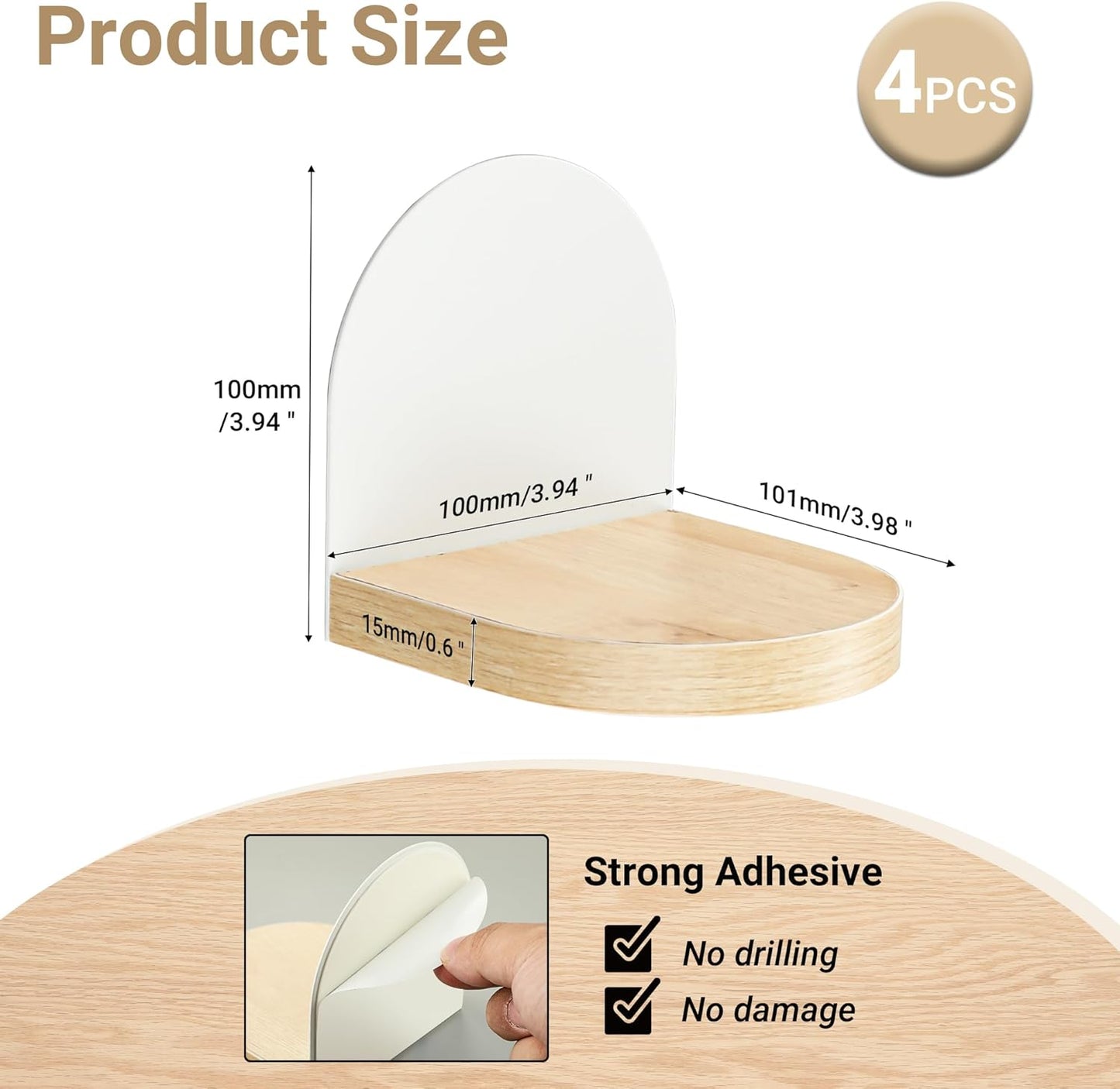 SAYAYO Small Floating Shelves for Wall Set of 4, Round Wooden Wall Shelves with White/ Black Sticky Metal Brackets for Small Objects, Rustic Decor for Bedroom, Living Room, Screw in/ Self Adhesive, 10x10cm