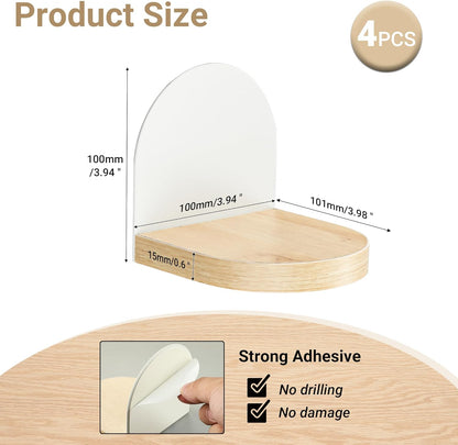 SAYAYO Small Floating Shelves for Wall Set of 4, Round Wooden Wall Shelves with White/ Black Sticky Metal Brackets for Small Objects, Rustic Decor for Bedroom, Living Room, Screw in/ Self Adhesive, 10x10cm