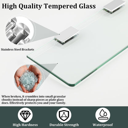 SAYAYO Bathroom Glass Shelf Wall Mounted 7MM/ 8MM Tempered Transparent Glass with Chromed Stainless Steel Shelf Brackets Supports 38CM/ 60CM Length