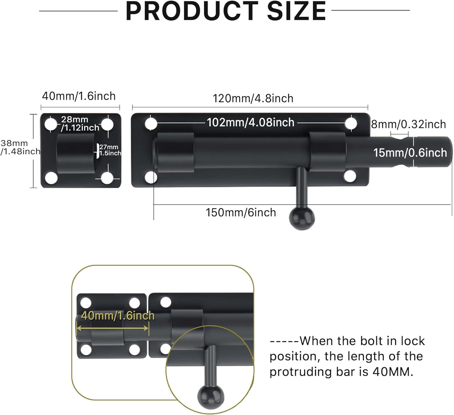 Sayayo Slide Gate Latch Bolt Safety Door Lock with Padlock Hole 150MM Length, 16MM Dia Bar, Heavy Duty Solid SUS304 Stainless Steel Matte Black(Not Include Padlock), 150MM, 180MM, 230MM