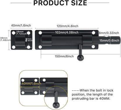 Sayayo Slide Gate Latch Bolt Safety Door Lock with Padlock Hole 150MM Length, 16MM Dia Bar, Heavy Duty Solid SUS304 Stainless Steel Matte Black(Not Include Padlock), 150MM, 180MM, 230MM