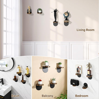 SAYAYO Small Floating Shelves for Wall Set of 4, Round Wooden Wall Shelves with White/ Black Sticky Metal Brackets for Small Objects, Rustic Decor for Bedroom, Living Room, Screw in/ Self Adhesive, 10x10cm