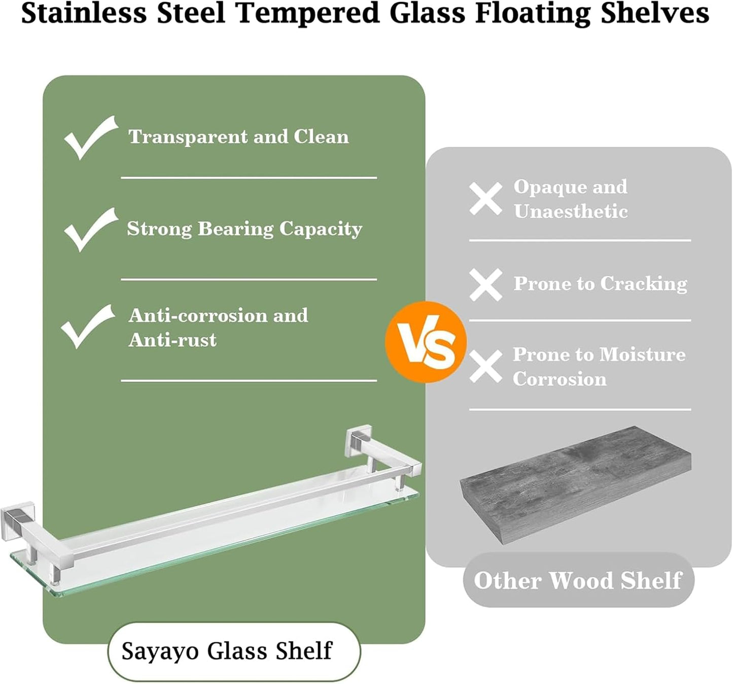 SAYAYO Bathroom Shelf Tempered Glass Shelf with Square Rail Wall Mounted, Stainless Steel Chromed/ Black Finished, 16 Inch, 20 Inch, 24 Inch (40cm, 50cm, 60cm)