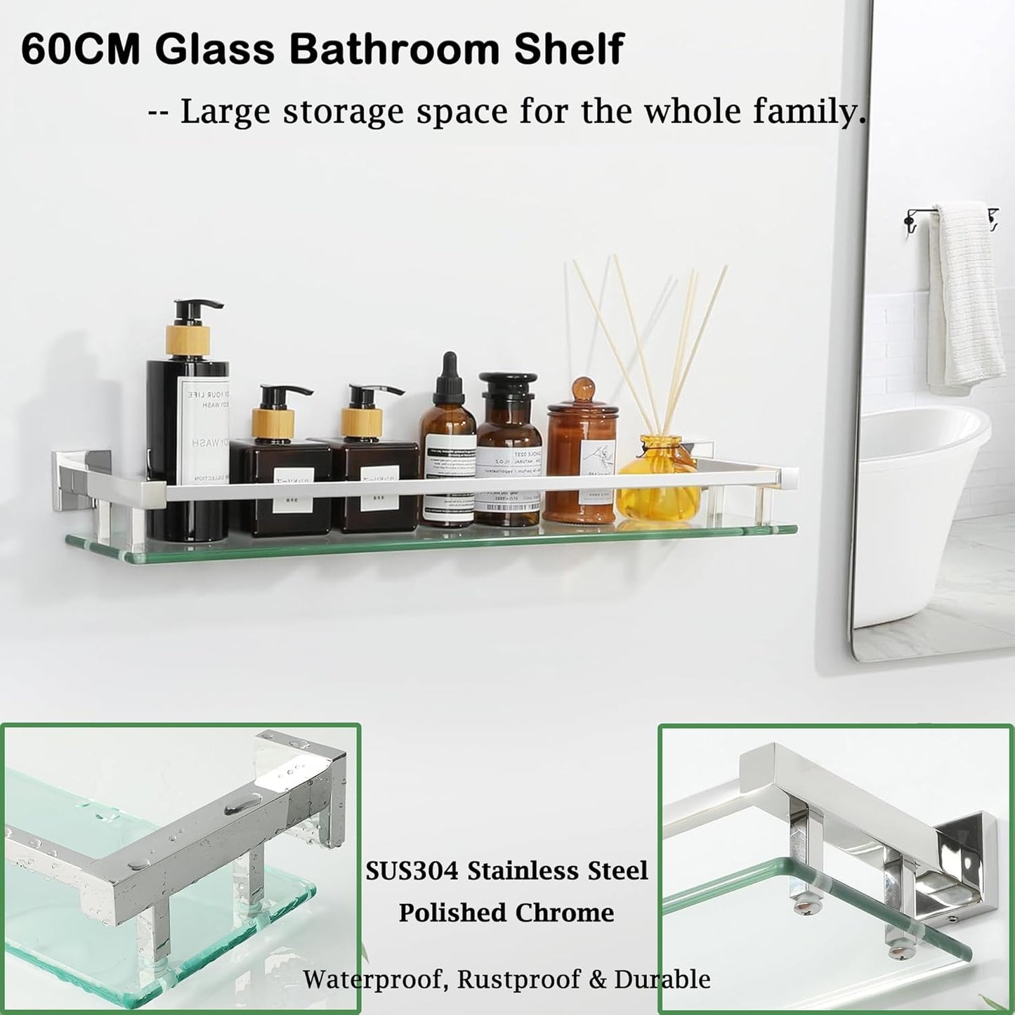 SAYAYO Bathroom Shelf Tempered Glass Shelf with Square Rail Wall Mounted, Stainless Steel Chromed/ Black Finished, 16 Inch, 20 Inch, 24 Inch (40cm, 50cm, 60cm)