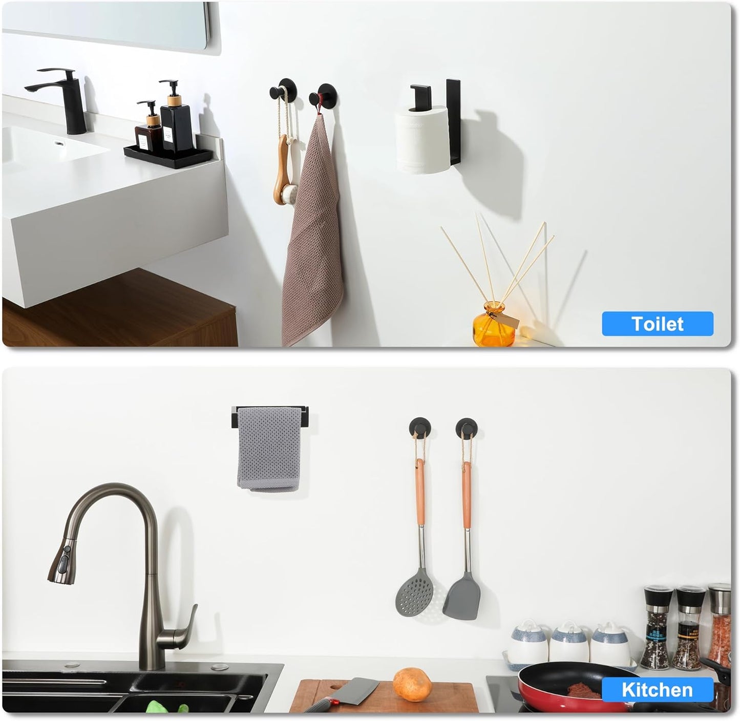 SAYAYO Toilet Roll Holder Self Adhesive Sticky on 2 Hooks for Hanging Towels Wall Hook Toilet Paper Holder Without Screws No Drill for Bathroom Kitchen SUS304 Stainless Steel Bathroom set