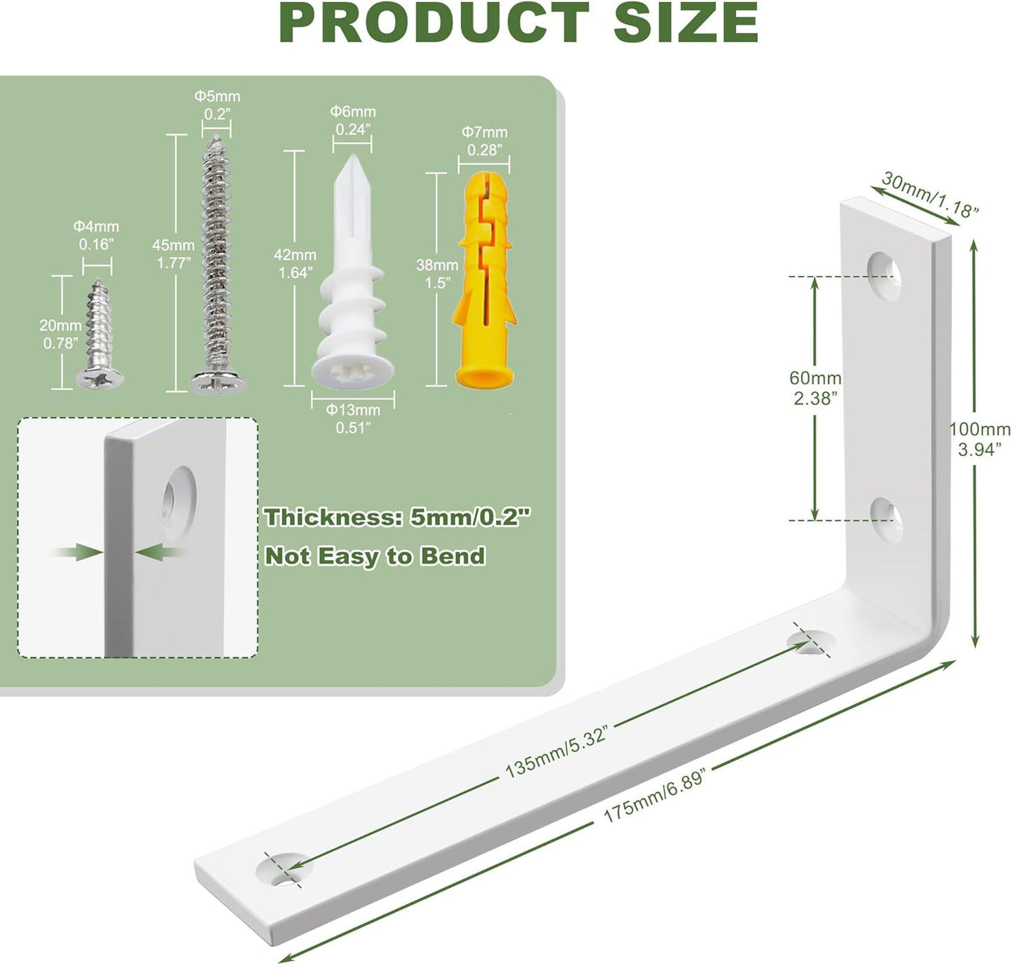 SAYAYO Shelf Brackets Heavy Duty 5MM Thick White Angle Brackets Metal L Brackets for Shelves, Wooden Shelf Brackets & Supports Wall Hanging Corner Brace, 125mm - 300mm, 2 Pack/ 4 Pack