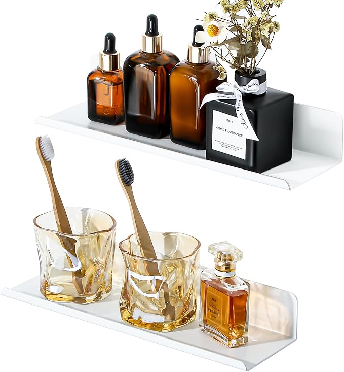 SAYAYO Floating Shelves Self Adhesive, Stick on Wall Display Storage Shelf for Bedroom, Bathroom, Kitchen, Living Room, Office, No Drilling, Set of 2, White/ Black, 20CM - 40CM