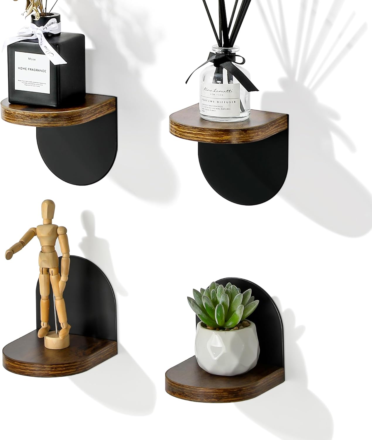 SAYAYO Small Floating Shelves for Wall Set of 4, Round Wooden Wall Shelves with White/ Black Sticky Metal Brackets for Small Objects, Rustic Decor for Bedroom, Living Room, Screw in/ Self Adhesive, 10x10cm