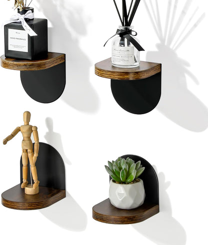 SAYAYO Small Floating Shelves for Wall Set of 4, Round Wooden Wall Shelves with White/ Black Sticky Metal Brackets for Small Objects, Rustic Decor for Bedroom, Living Room, Screw in/ Self Adhesive, 10x10cm