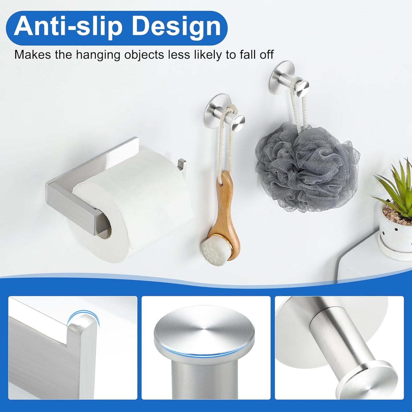 SAYAYO Toilet Roll Holder Self Adhesive Sticky on 2 Hooks for Hanging Towels Wall Hook Toilet Paper Holder Without Screws No Drill for Bathroom Kitchen SUS304 Stainless Steel Bathroom set
