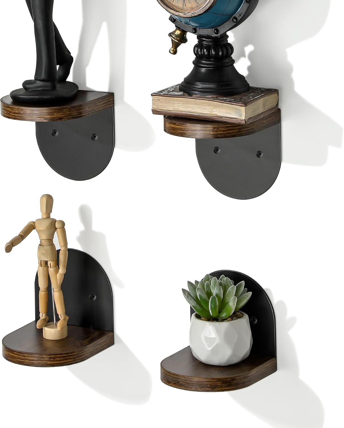 SAYAYO Small Floating Shelves for Wall Set of 4, Round Wooden Wall Shelves with White/ Black Sticky Metal Brackets for Small Objects, Rustic Decor for Bedroom, Living Room, Screw in/ Self Adhesive, 10x10cm