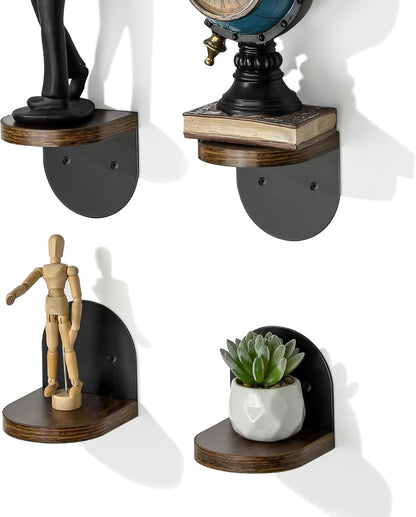 SAYAYO Small Floating Shelves for Wall Set of 4, Round Wooden Wall Shelves with White/ Black Sticky Metal Brackets for Small Objects, Rustic Decor for Bedroom, Living Room, Screw in/ Self Adhesive, 10x10cm