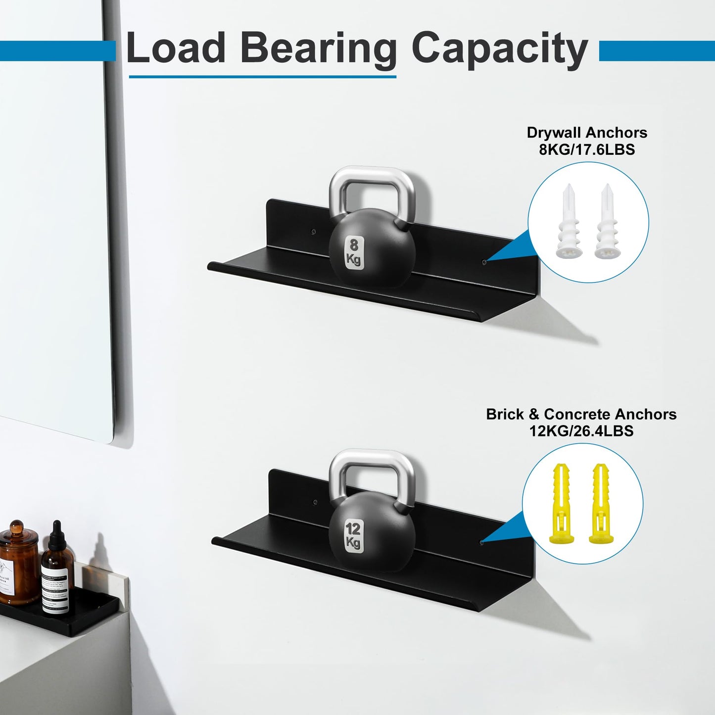 SAYAYO Floating Shelves Wall Mounted 30CM/ 12INCH, Screw-in Display Storage Shelf for Bedroom, Bathroom, Kitchen, Living Room, Office, with Drilling, Set of 2, White/ Black