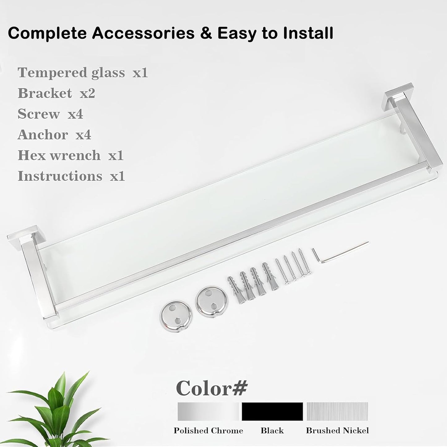 SAYAYO Bathroom Shelf Tempered Glass Shelf with Square Rail Wall Mounted, Stainless Steel Chromed/ Black Finished, 16 Inch, 20 Inch, 24 Inch (40cm, 50cm, 60cm)