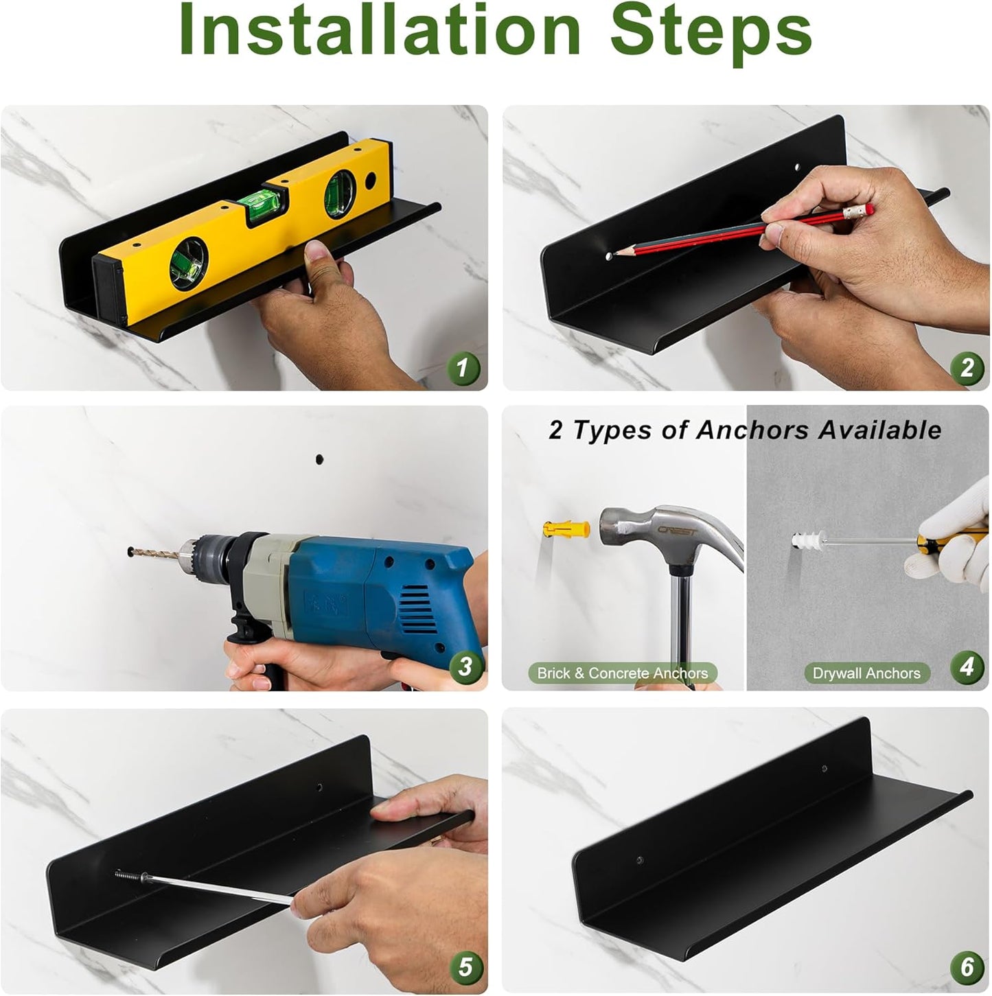 SAYAYO Floating Shelves Wall Mounted 30CM/ 12INCH, Screw-in Display Storage Shelf for Bedroom, Bathroom, Kitchen, Living Room, Office, with Drilling, Set of 2, White/ Black