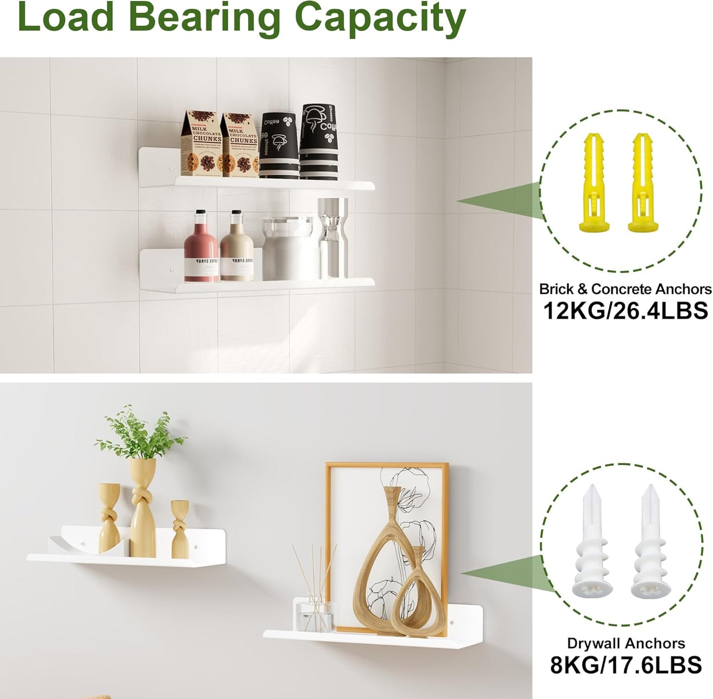 SAYAYO Floating Shelves Wall Mounted 30CM/ 12INCH, Screw-in Display Storage Shelf for Bedroom, Bathroom, Kitchen, Living Room, Office, with Drilling, Set of 2, White/ Black