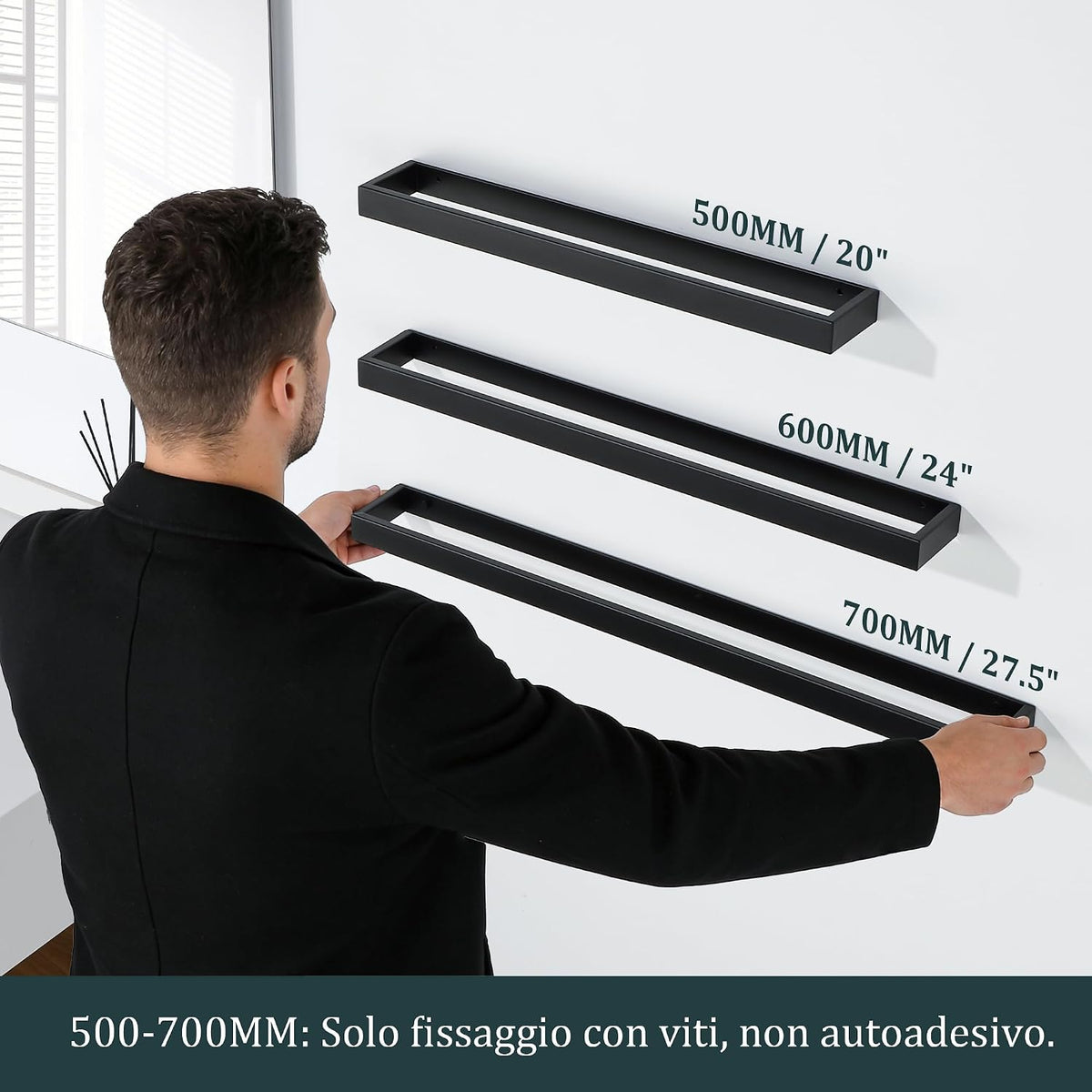 SAYAYO Hand Towel Holder Wall Mounted Black Towel Rail Self Adhesive or Screw Fixing Towel Ring for Bathroom Kitchen, SUS304 Stainless Steel Waterproof & Rustproof 20CM - 70CM