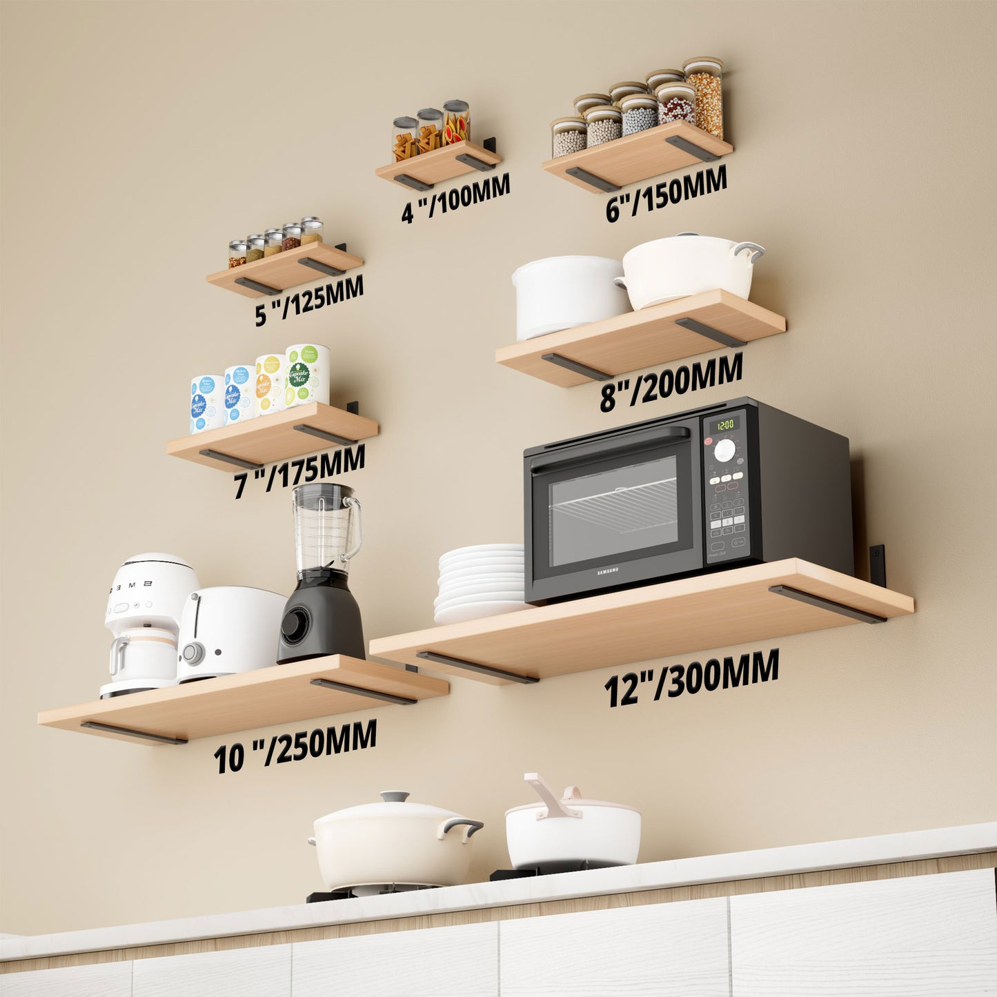 SAYAYO Shelf Brackets Heavy Duty 5MM Thick White Angle Brackets Metal L Brackets for Shelves, Wooden Shelf Brackets & Supports Wall Hanging Corner Brace, 125mm - 300mm, 2 Pack/ 4 Pack