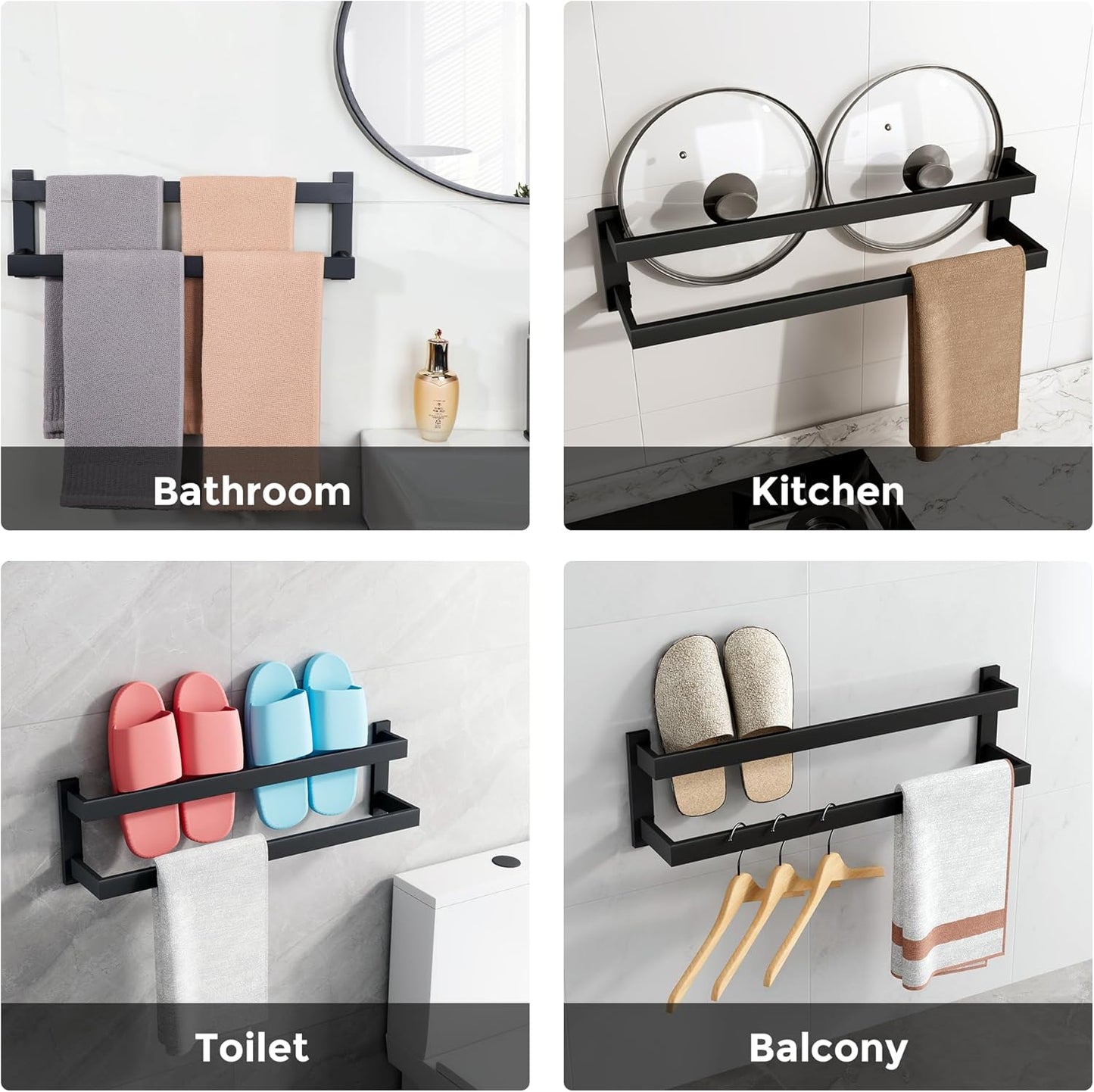 Sayayo Black Towel Rail Wall Mounted Double Bath Towel Holder for Bathroom Kitchen, 2-Tier Towels Rack SUS304 Stainless Steel, 16 INCH, 20 INCH, 24 INCH, 28 INCH