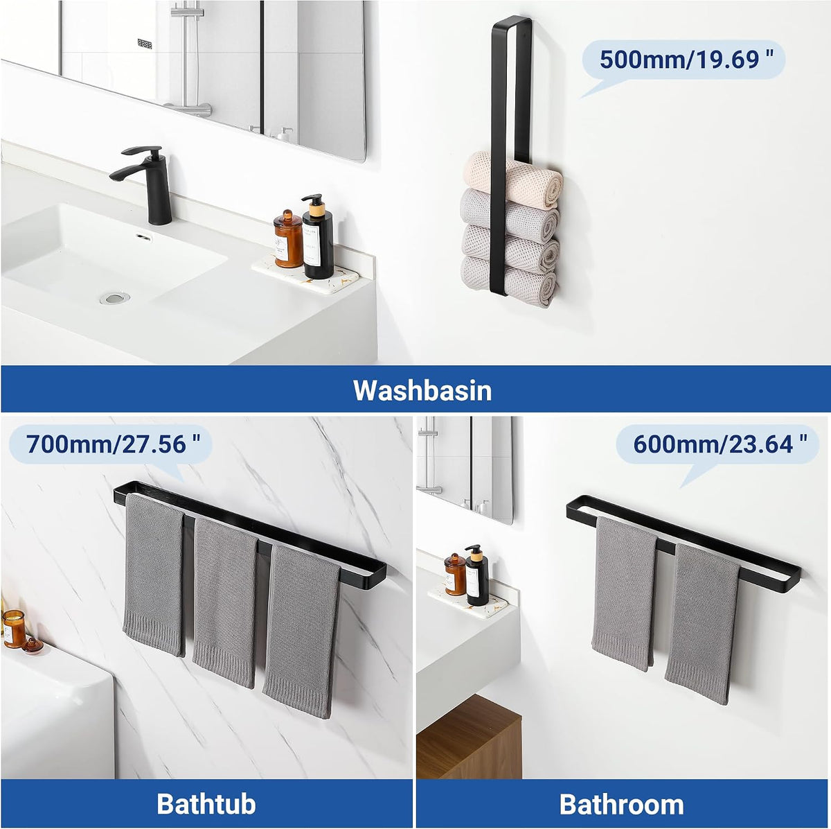 SAYAYO Hand Towel Holder Self Adhesive Towel Rail Towel Rack Wall Mounted Towel Ring No Drilling for Bathroom, 20cm - 70cm, 8 Inch - 28 Inch, Black, Brushed, White, Gold