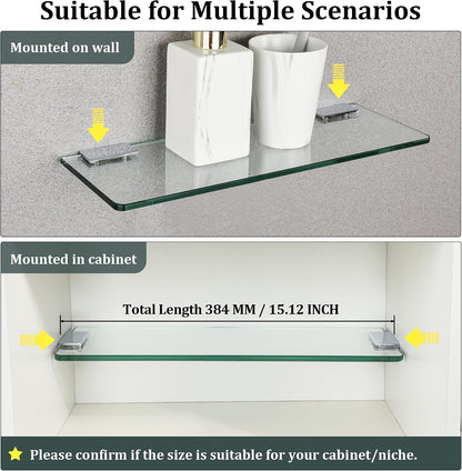SAYAYO Bathroom Glass Shelf Wall Mounted 7MM/ 8MM Tempered Transparent Glass with Chromed Stainless Steel Shelf Brackets Supports 38CM/ 60CM Length