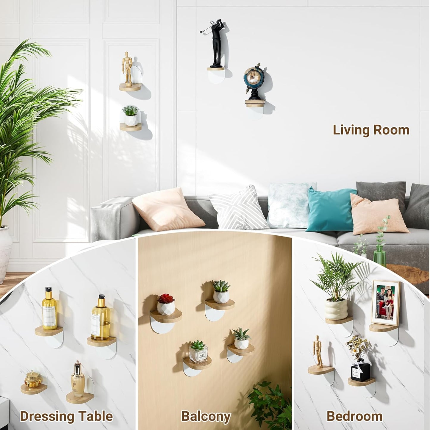 SAYAYO Small Floating Shelves for Wall Set of 4, Round Wooden Wall Shelves with White/ Black Sticky Metal Brackets for Small Objects, Rustic Decor for Bedroom, Living Room, Screw in/ Self Adhesive, 10x10cm