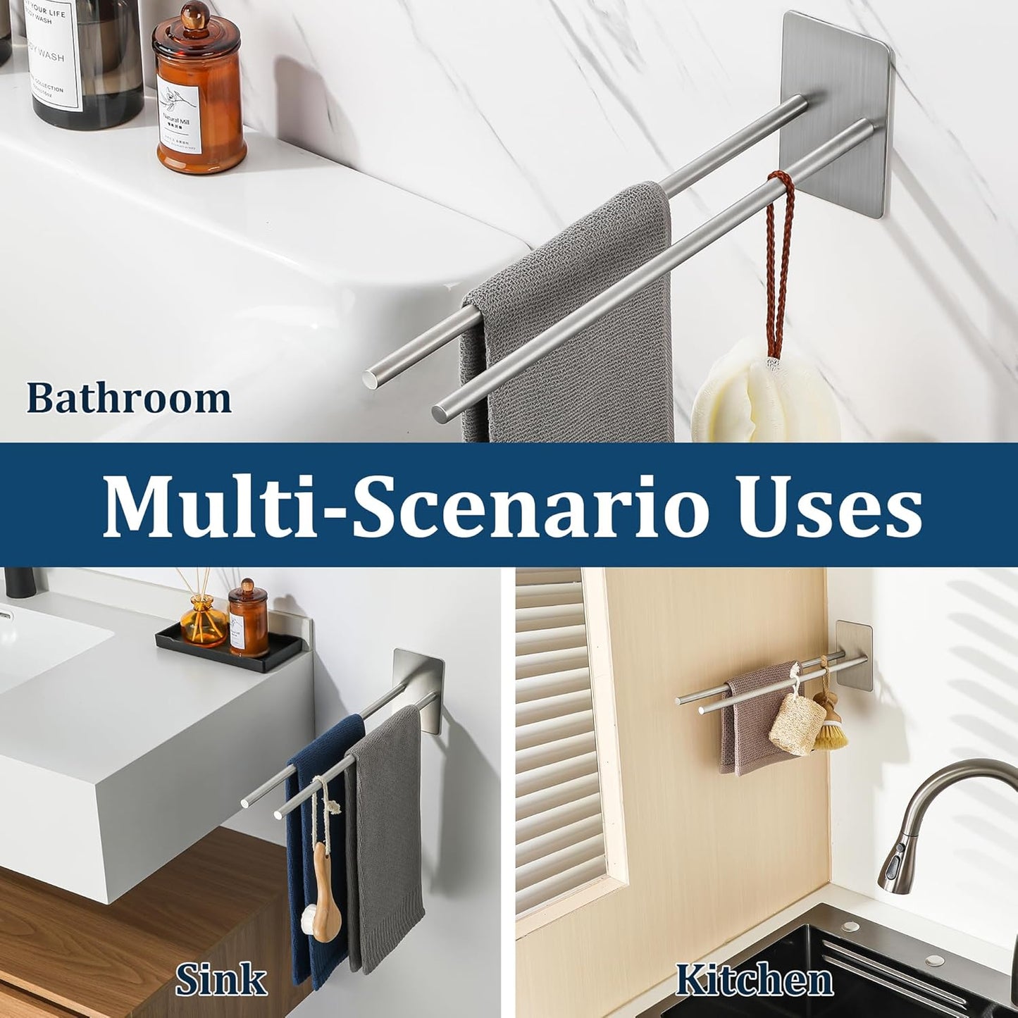 Sayayo Towel Rails Adhesive Bathroom Towel Holder Double Towel Bar Stick on, SUS304 Stainless Steel Towel Rack No Drilling , 30CM, 40CM