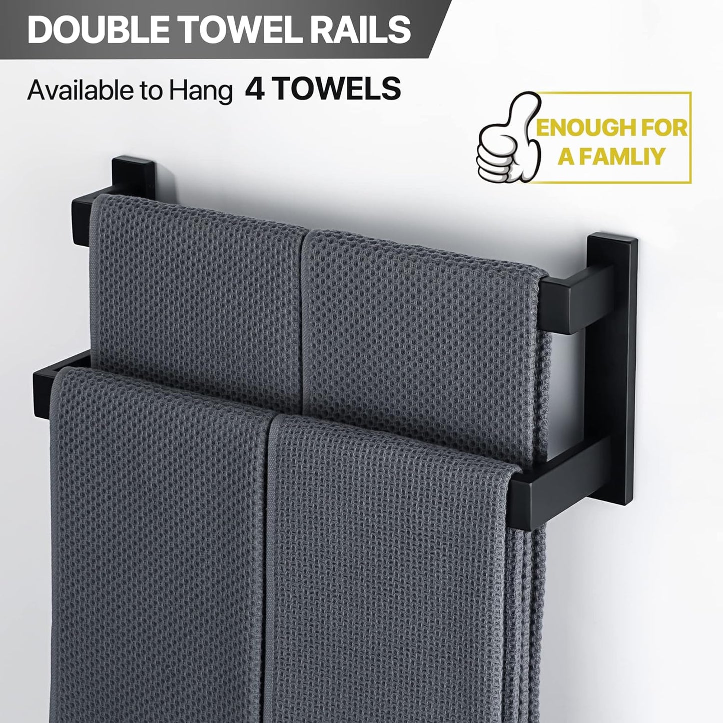 Sayayo Black Towel Rail Wall Mounted Double Bath Towel Holder for Bathroom Kitchen, 2-Tier Towels Rack SUS304 Stainless Steel, 16 INCH, 20 INCH, 24 INCH, 28 INCH