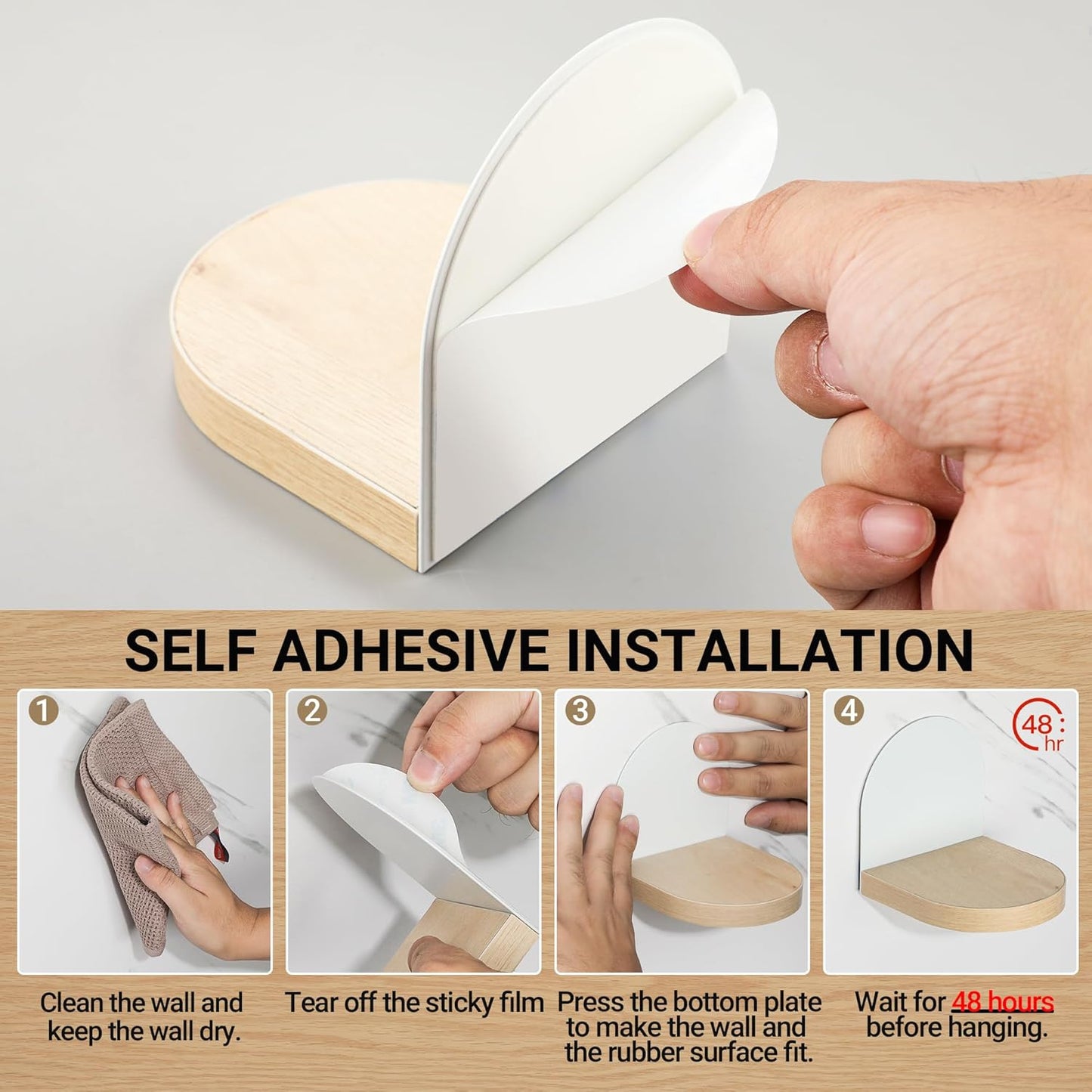 SAYAYO Small Floating Shelves for Wall Set of 4, Round Wooden Wall Shelves with White/ Black Sticky Metal Brackets for Small Objects, Rustic Decor for Bedroom, Living Room, Screw in/ Self Adhesive, 10x10cm