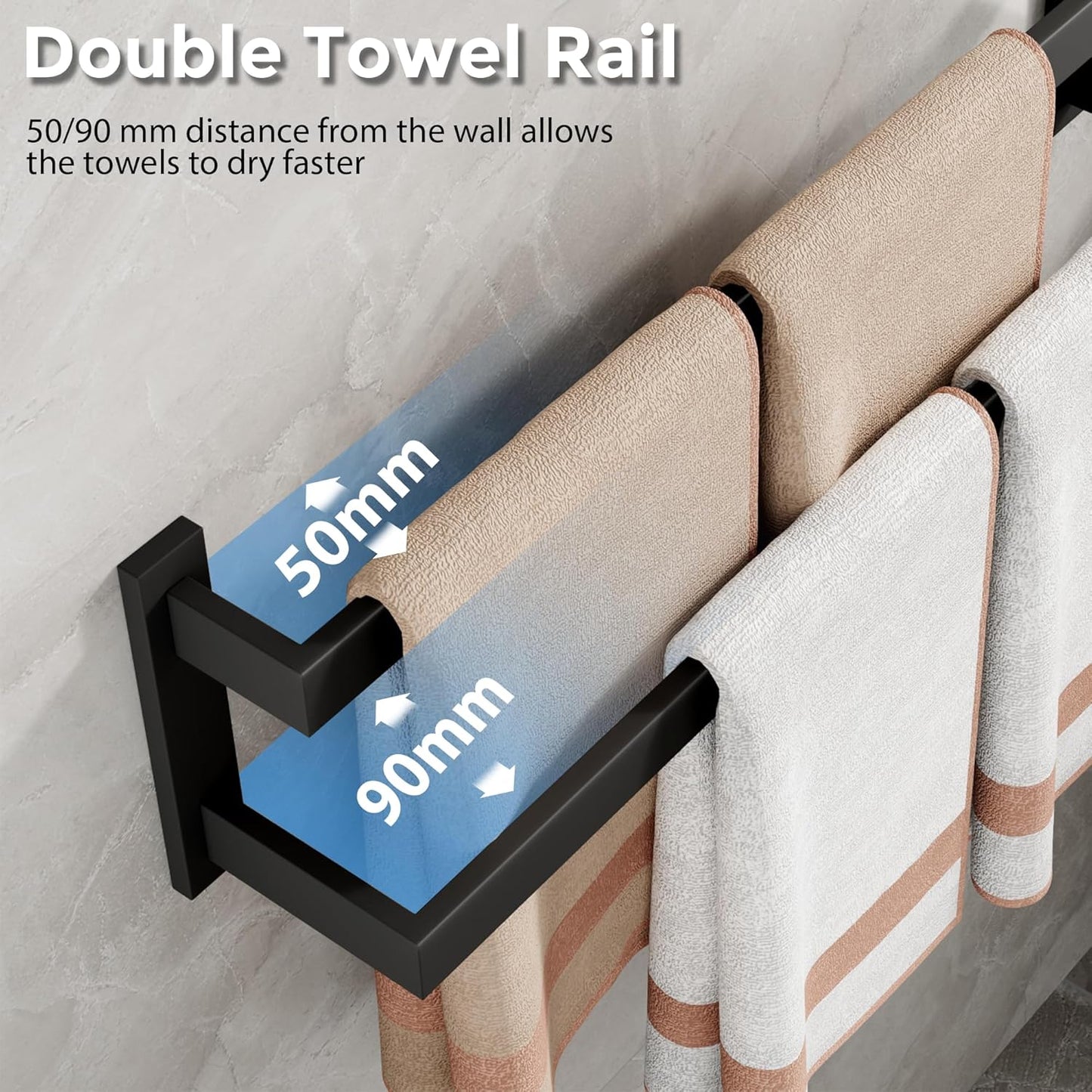 Sayayo Black Towel Rail Wall Mounted Double Bath Towel Holder for Bathroom Kitchen, 2-Tier Towels Rack SUS304 Stainless Steel, 16 INCH, 20 INCH, 24 INCH, 28 INCH